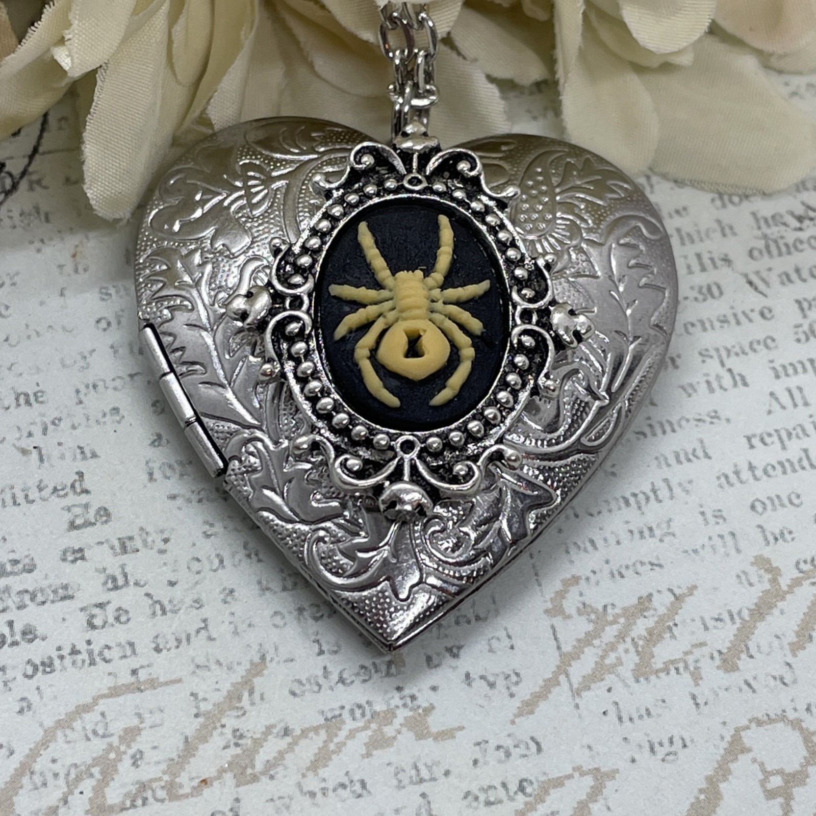 Heart Silver Locket Gothic Necklace Photo SPIDER Gothic Black Widow Cameo Witch