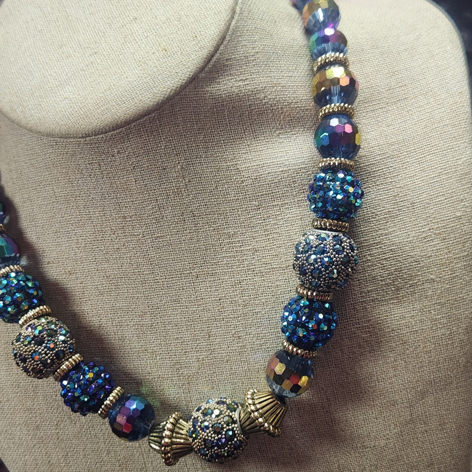 Blue Aurora Borealis Crystal Bead Necklace Gold Tone Pave Disco Ball 16 Inch