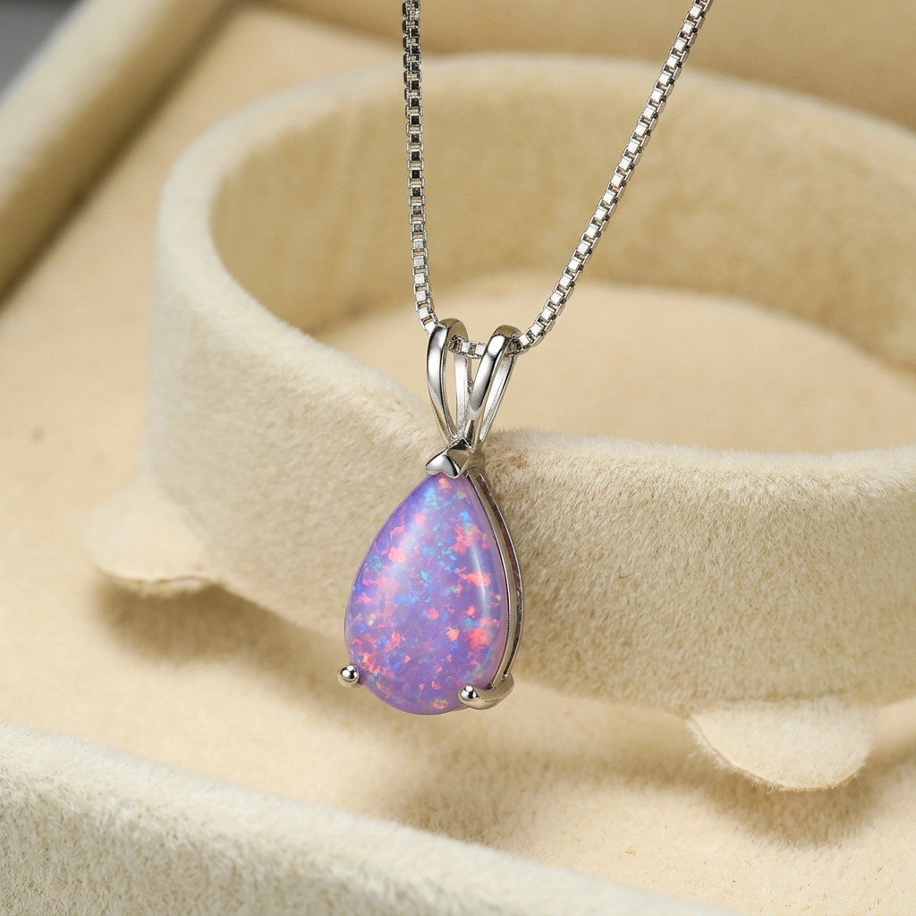 Natural Purple Fire Opal Droplet Necklace Silver Teardrop Jewelry Gift for Women
