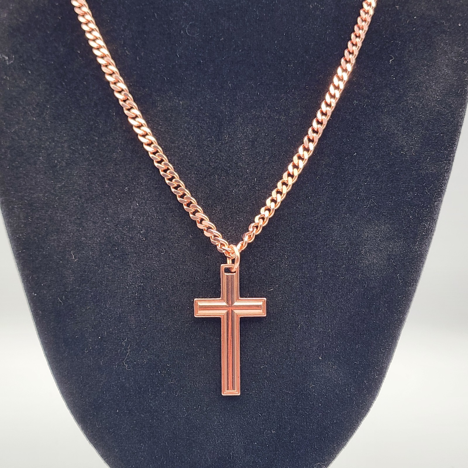 Pure Copper Cross Necklace Cuban Link 5mm, 20″ Chain, therapy Pendant