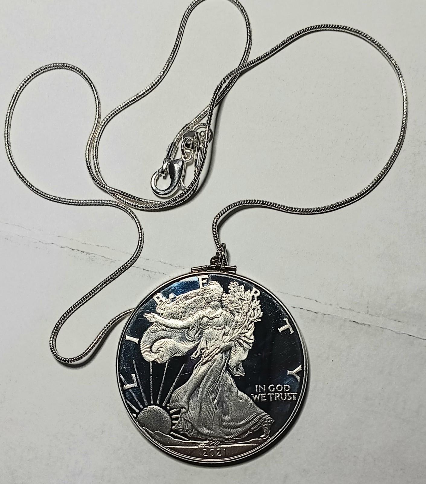 Silver-Plated Coin Necklace w/20″ 925 Sterling Solid Silver 1mm Snake Chain