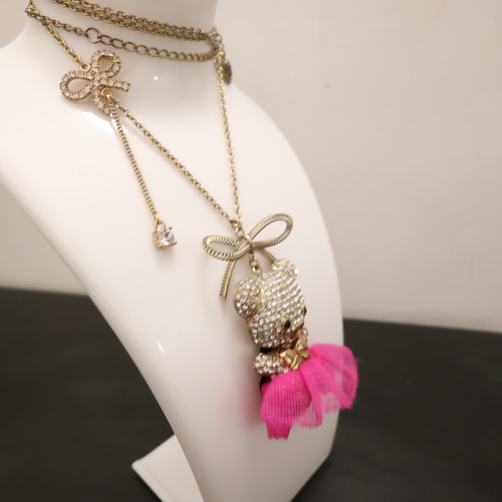Betsey Johnson necklace teddy bear in ballerina costume magenta pink tutu signed