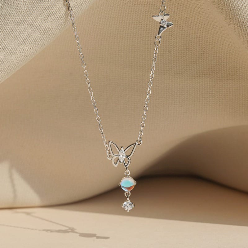 Silver Butterfly Necklace with Zircon Pendant for Women