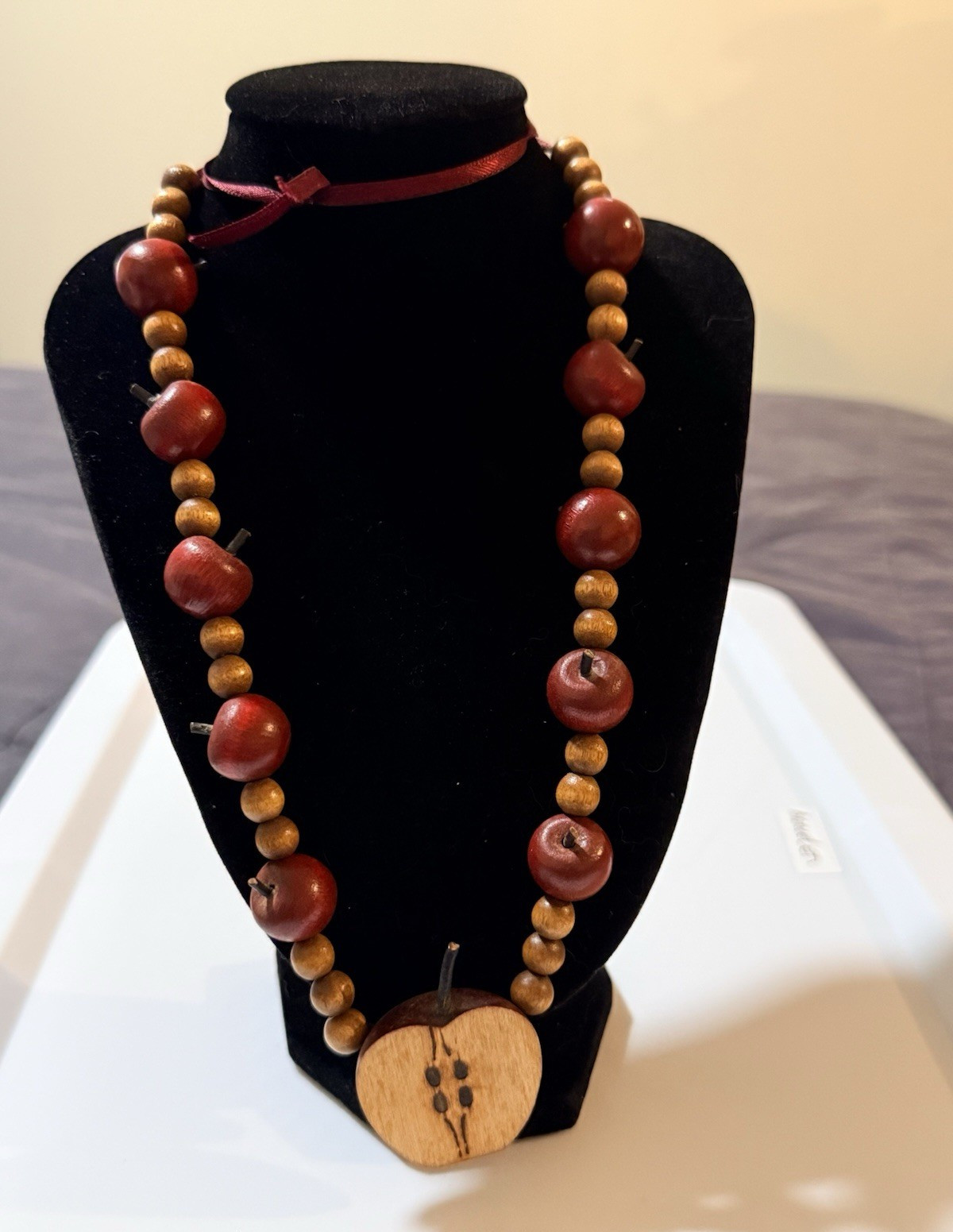 Brown Wood Beaded Ball Chain Necklace w/ Round Charm Pendant, Nature Theme