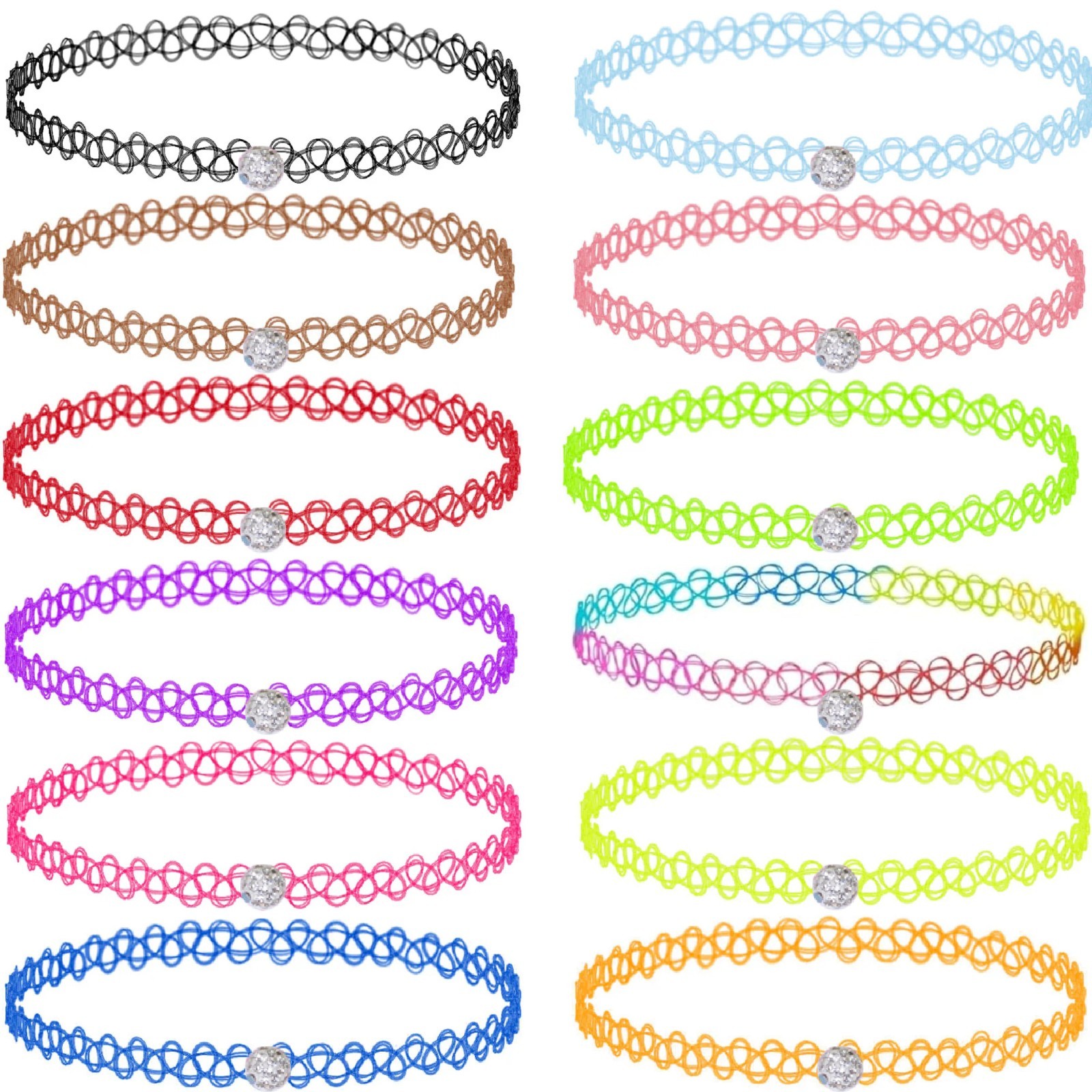 12 PCS Assorted Tattoo Stretch Jewelry Choker Necklaces Classic Gothic Colorful