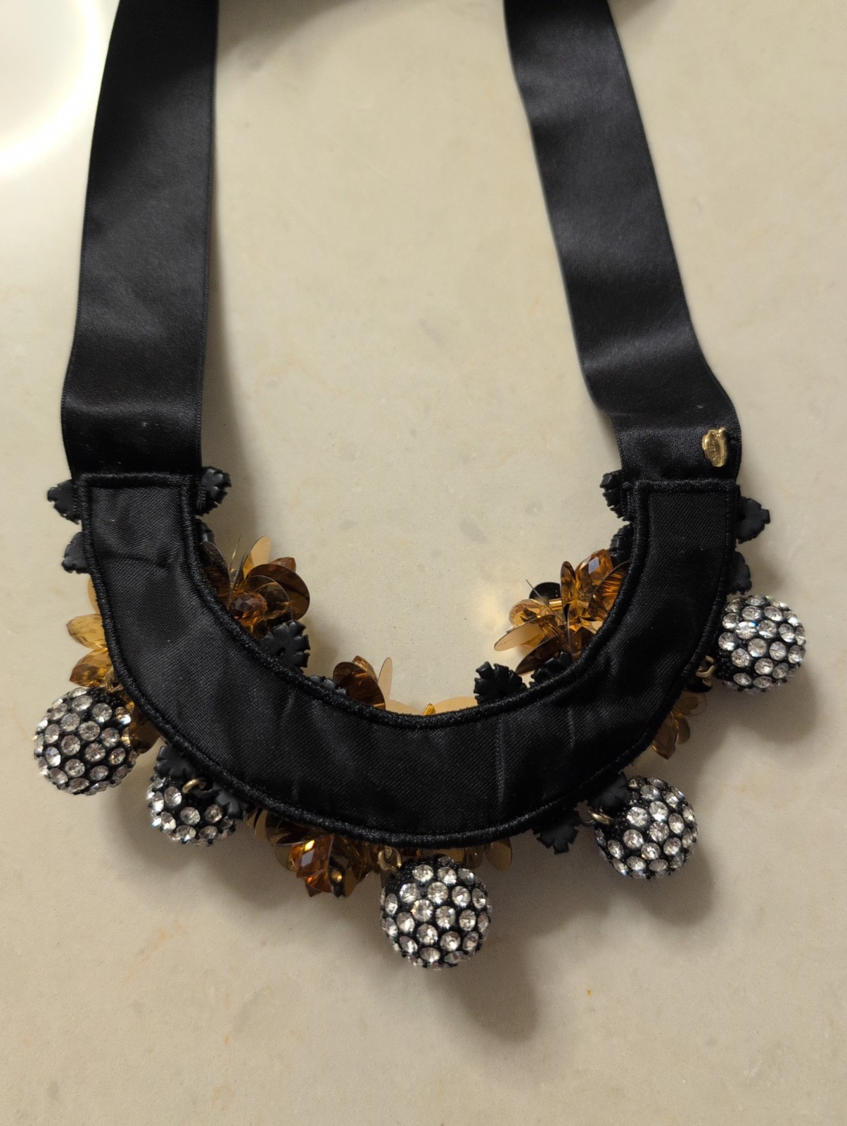 NWOT J CREW WIDE BLACK RIBBON TIE STATEMENT NECKLACE SEQUINS RHINESTONES L@@K