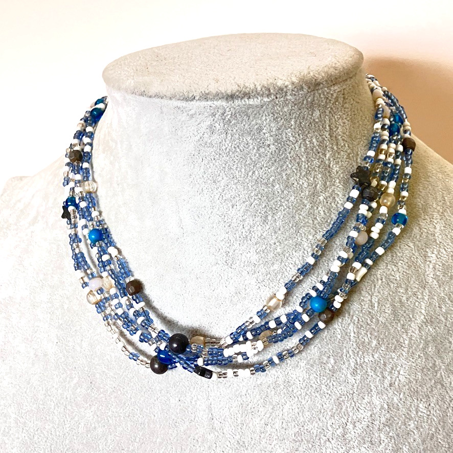 Blue glass seed bead necklace 46cm multi strand vintage Boho costume jewellery
