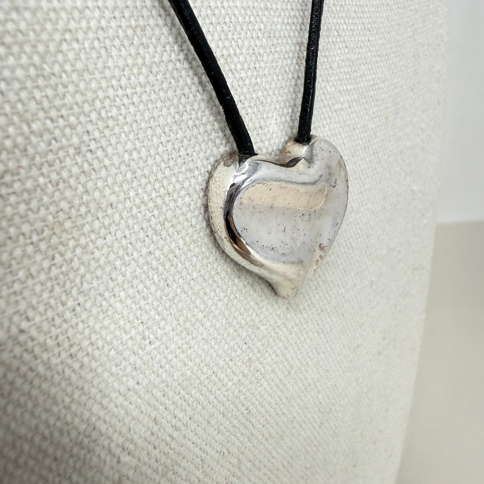 Monet Heart Pendant Necklace Black Cord Silver Tone Modern Signed