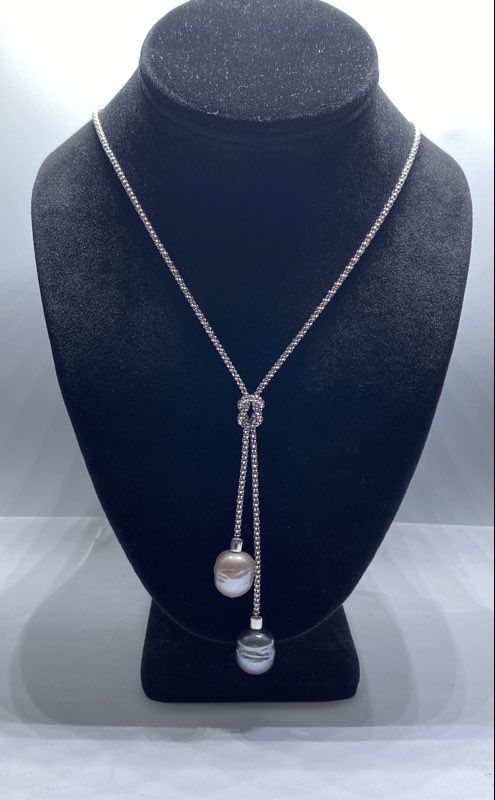 Sterling Silver 925 Faux Baroque Pearl Lariat Knot Necklace 19″ 20.0g