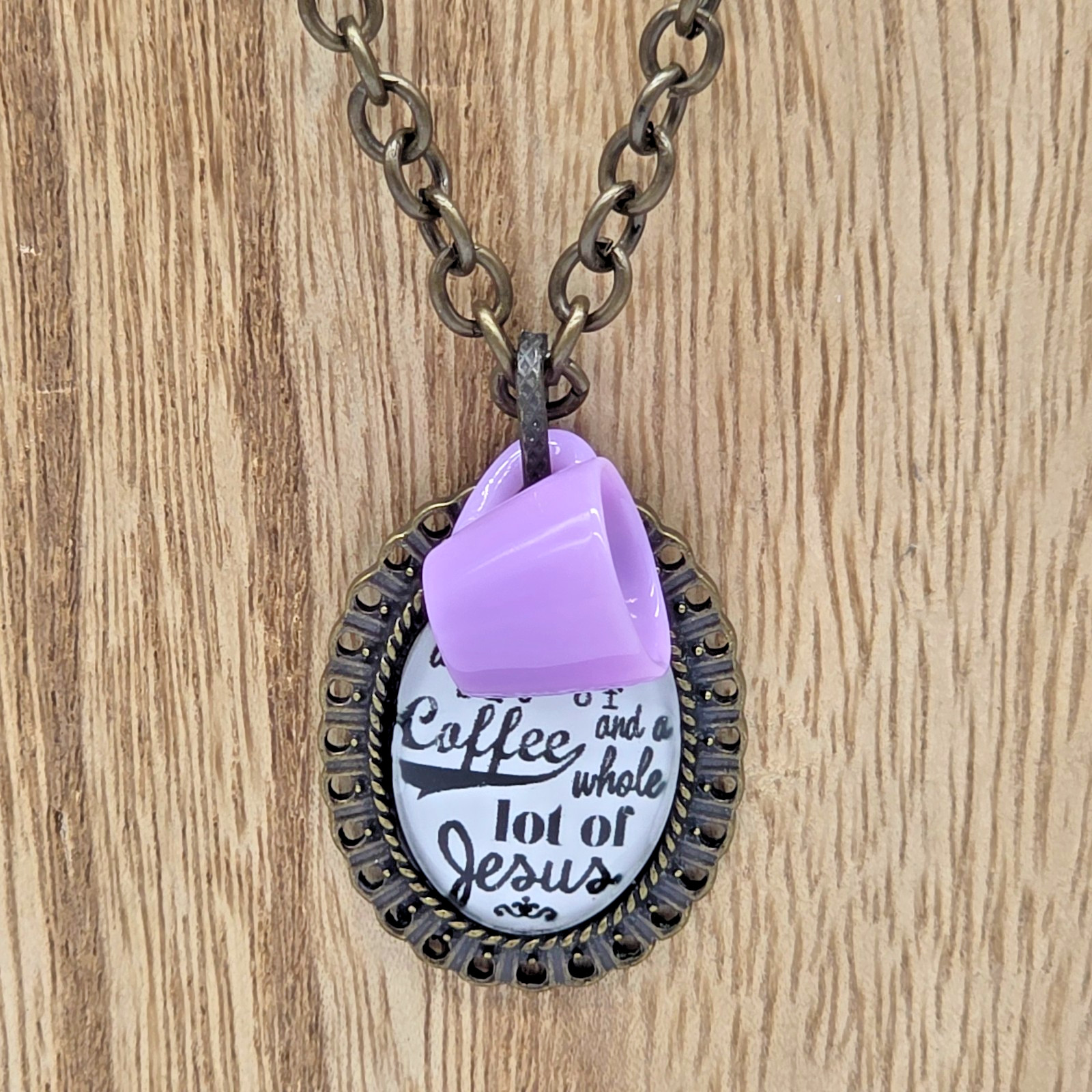 Plunder Bronze Coffee & Jesus Quote Necklace Oval Pendant Purple Mug Charm 32”