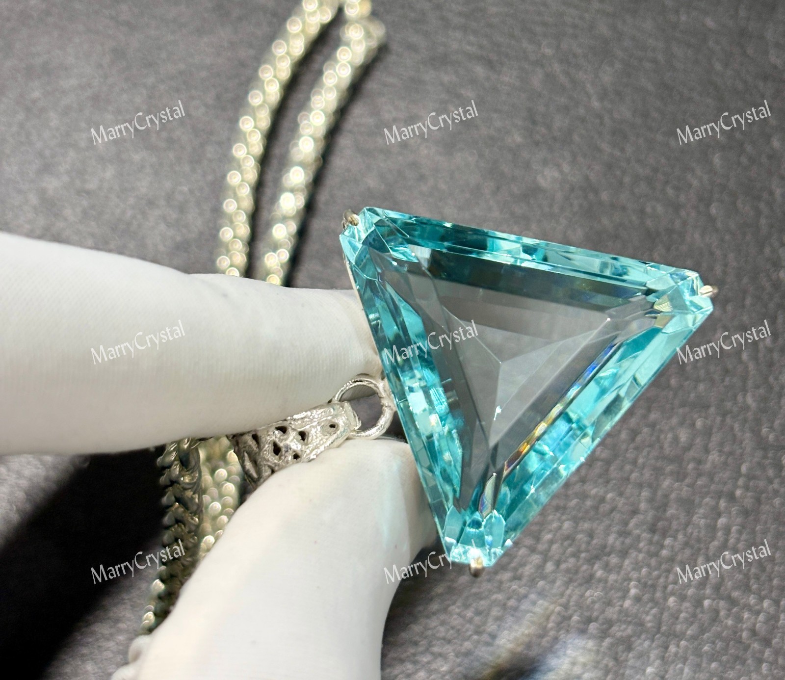 65+ Ct Trillion Cut Blue Aquamarine German Silver with 18″ Chain Loose Gemstone
