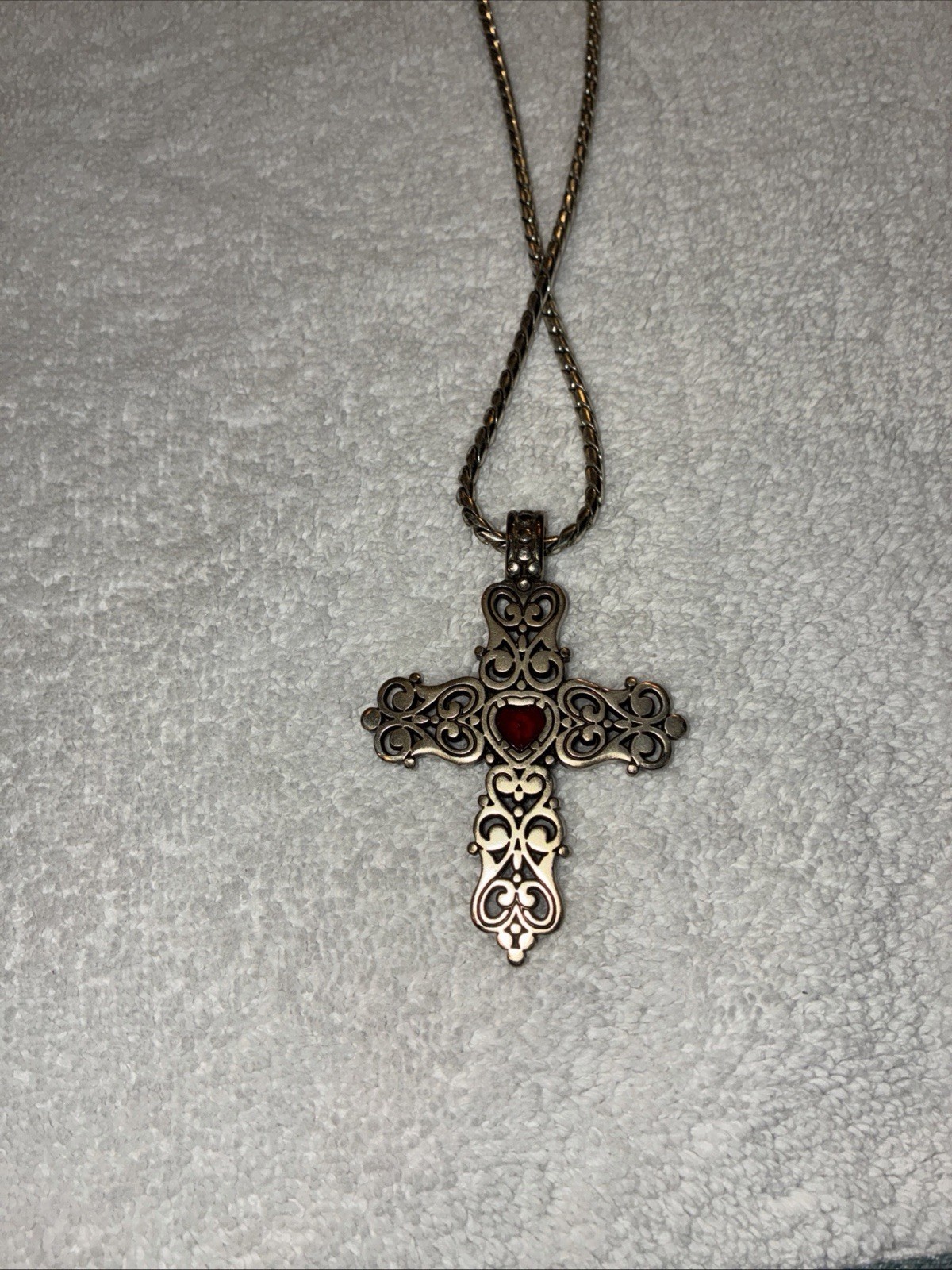 Beautiful BRIGHTON SILVER 13-1/2”ENDLESS LOVE CROSS NECKLACE RED CRYSTAL HEART