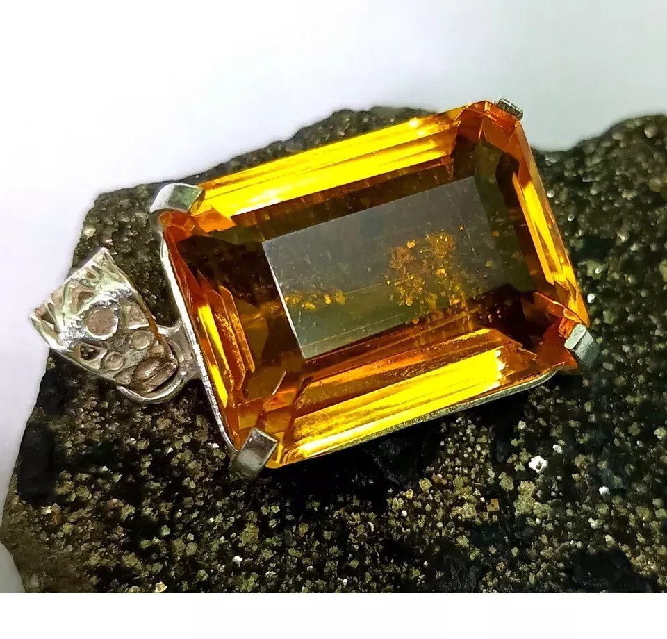 Natural Emerald Cut Yellow Citrine 94 Ct 925 Solid Sterling Silver Pendant Gem