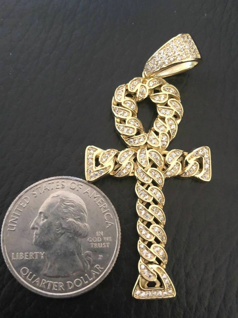Ankh Cuban Link Cross 14k Gold Plated Solid 925 Sterling Silver Pendant 1ct CZ