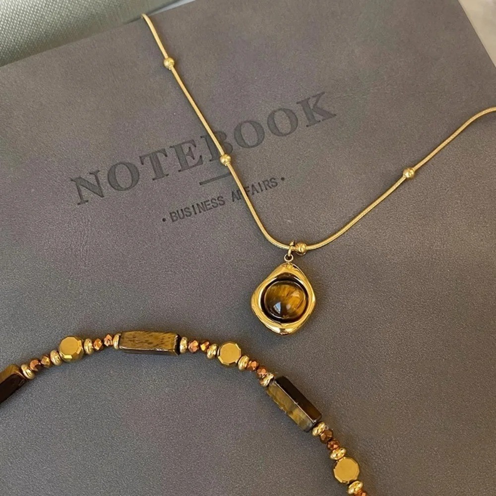 Alloy collarbone chain jewelry retro layered tiger eye stone pendant necklace