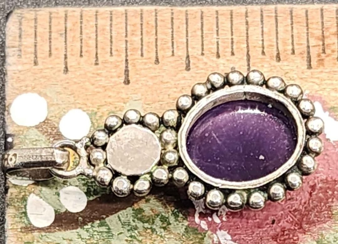 Sterling Silver Oval Bezel Amethyst Cabochon Charm Pendant w/ Pearl Accent