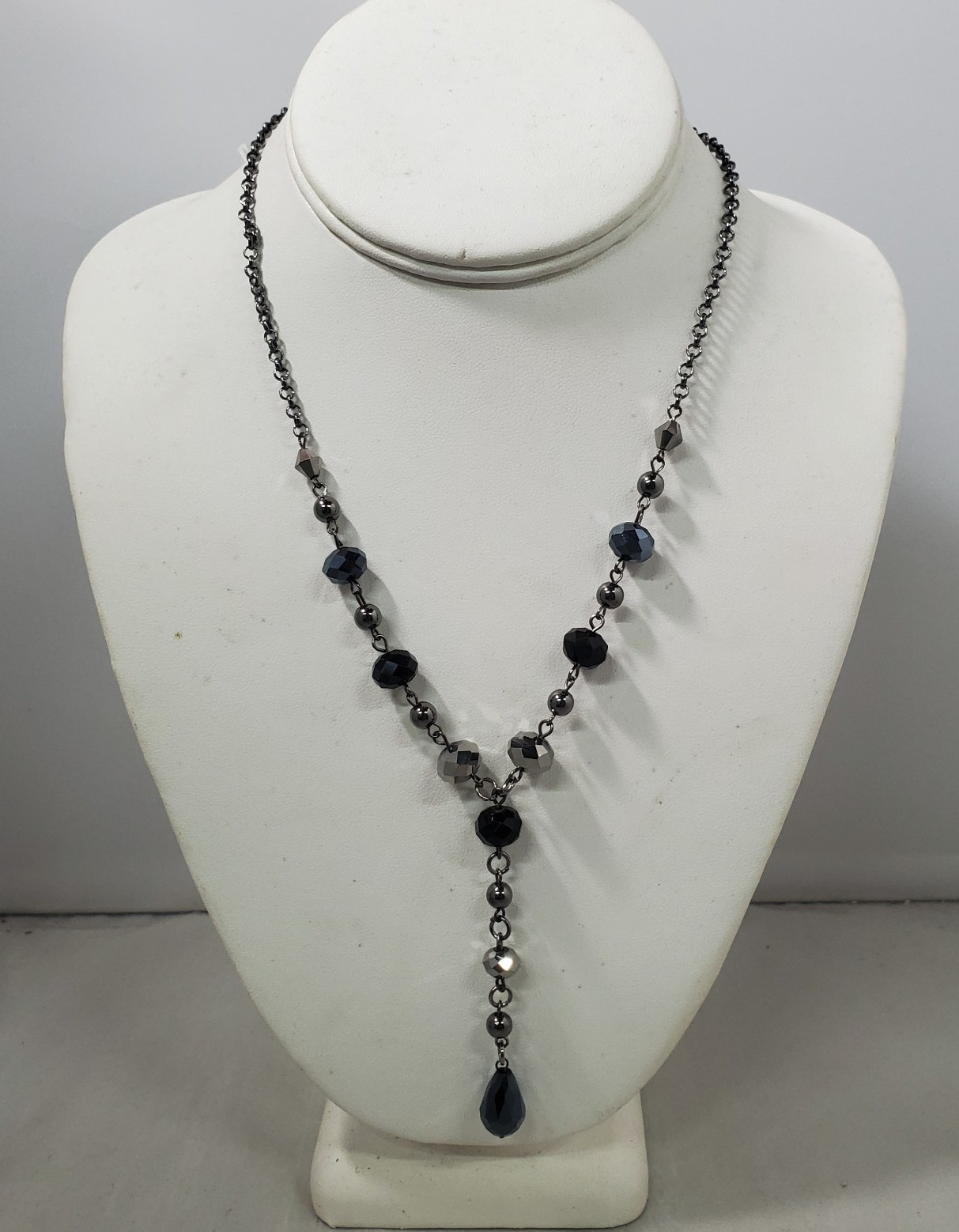 Inter American Faceted black and smoky grey crystal Stone lariat Necklace NWT