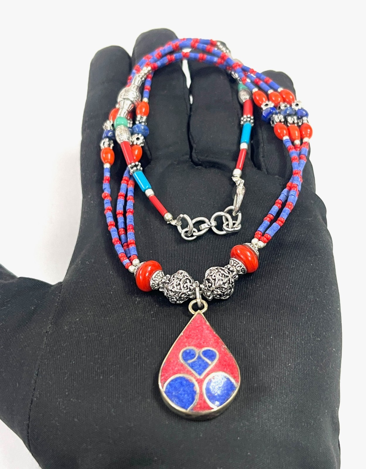 Antique Red Coral Lapis Gemstone Tibetan Bohemian Necklace Jewelry, 18 Inc Adjst