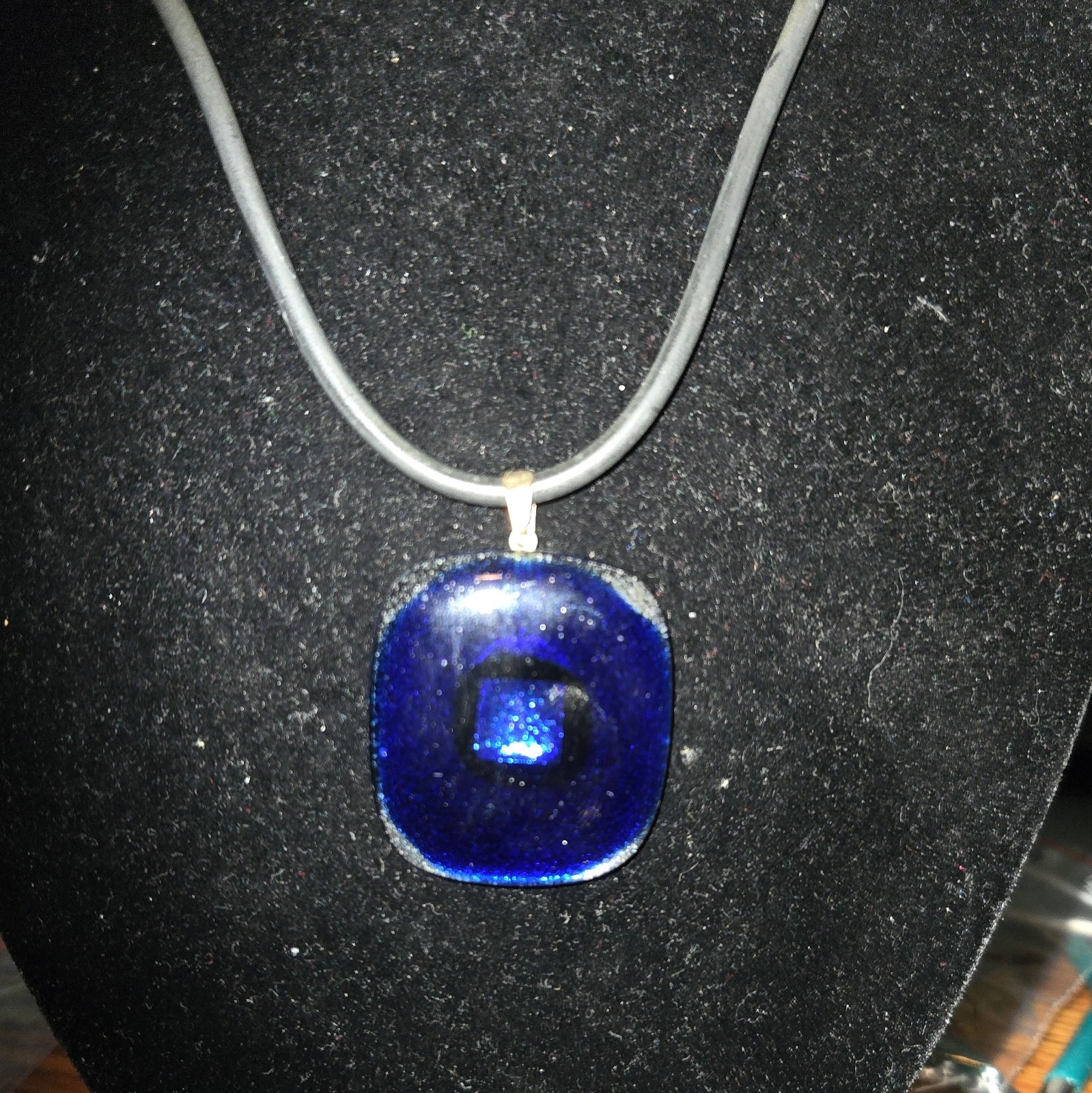 Black Cord Necklace Blue Square Glass Bezel Charm Pendant