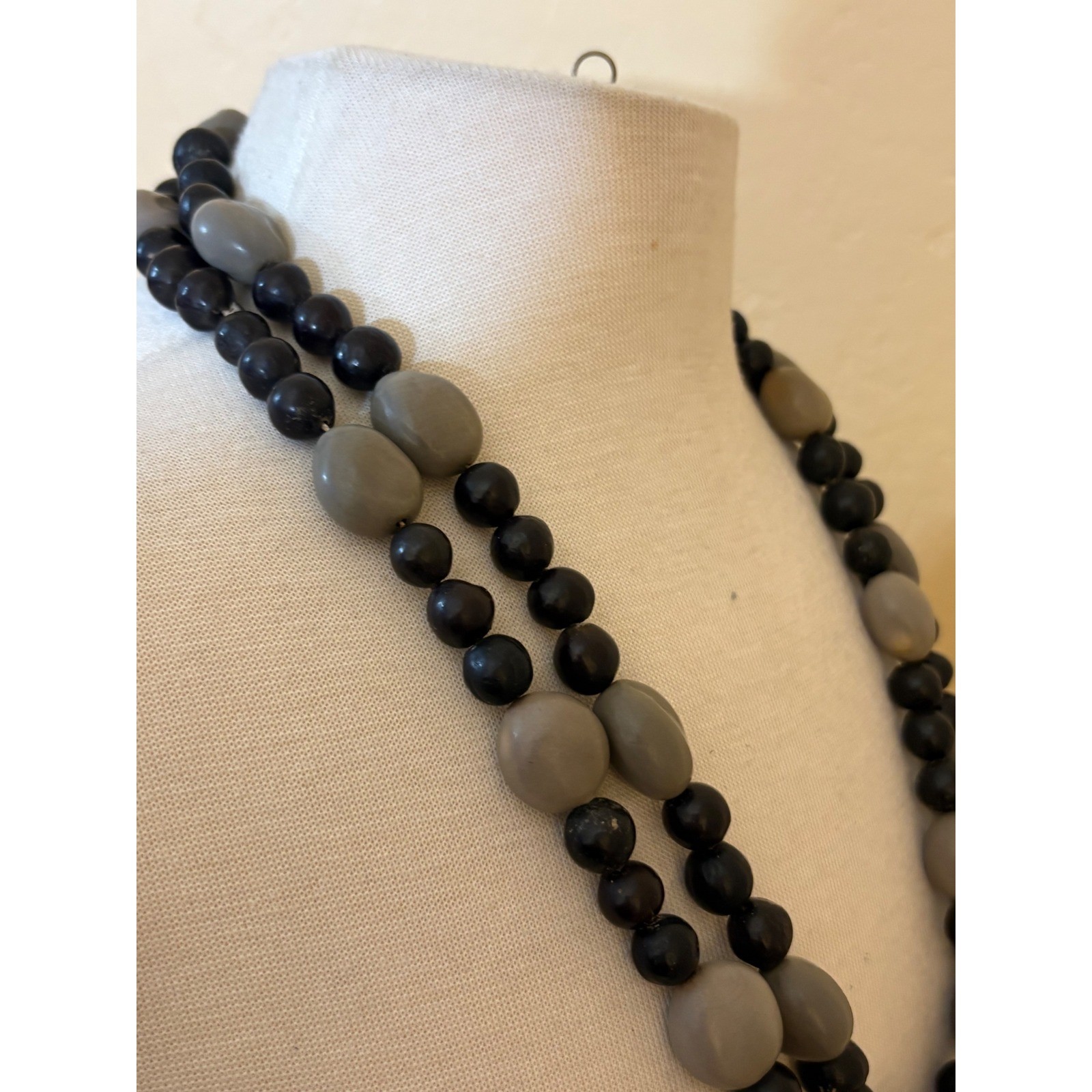 Vintage Black and Grey Organic Seed Bead Double Strand Long Necklace