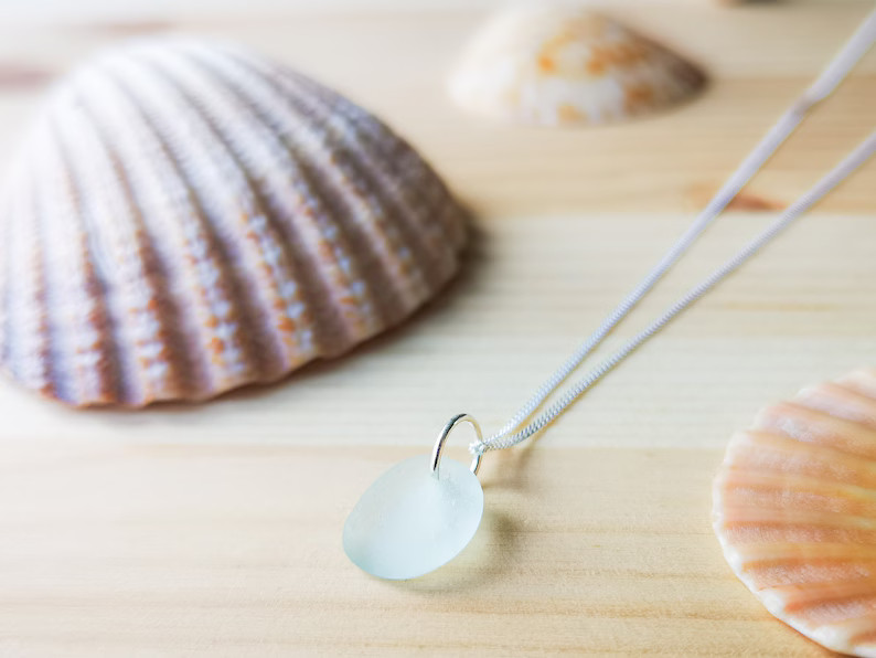 Cornish Sea Glass necklace jewellery, ladies gift, sterling silver, seafoam blue