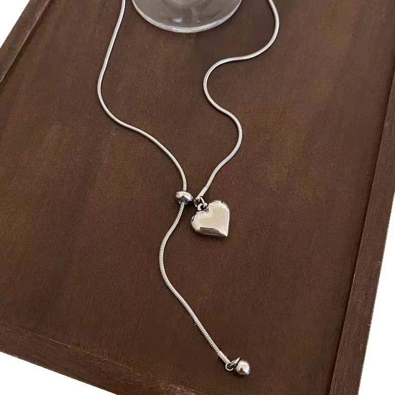 Stainless Steel Heart Pendant Necklace Women Adjustable Long Chain Jewelry Gift