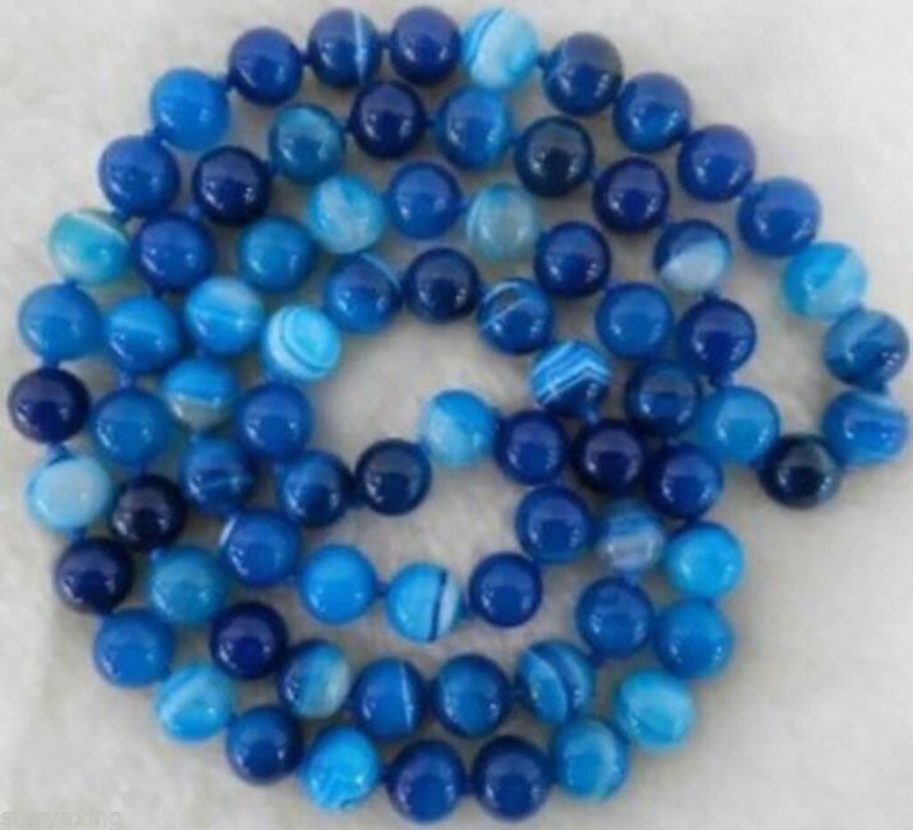 Genuine 10mm Natural Blue Stripe Agate Gemstone Round Beads Long Necklace 35″
