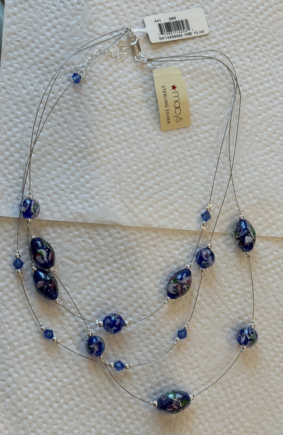 Murano Glass Necklace Sterling Silver Beaded Layered 3 Strand Hand Blown Choker