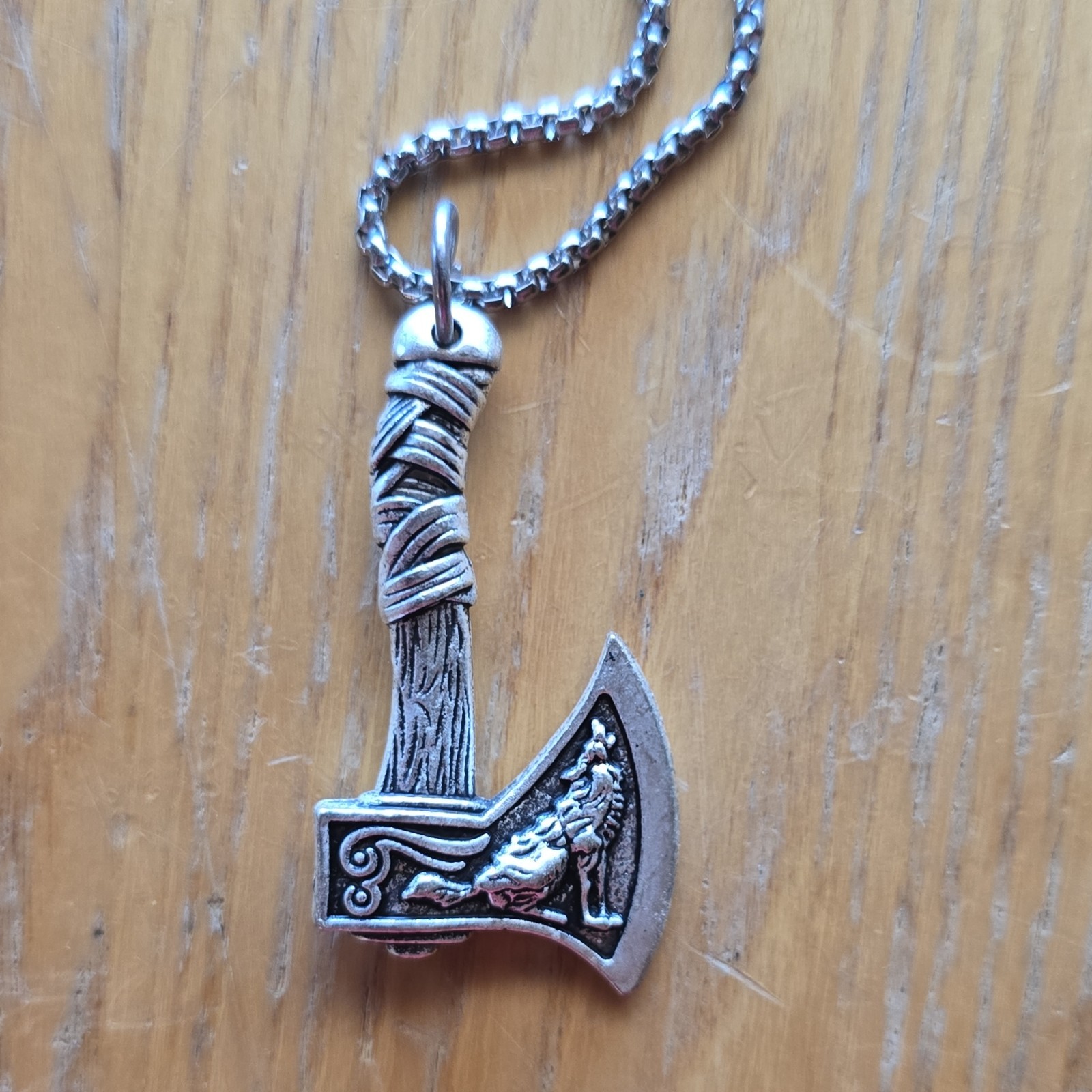 Viking Silver Tone Metal Axe Charm Pendant Necklace Box Chain Spring Ring