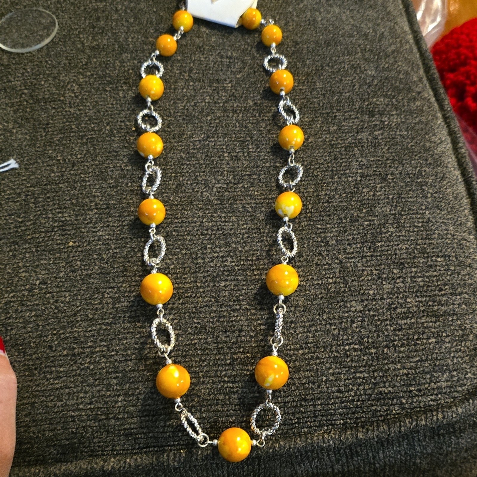 Orange Plastic Beaded Necklace Silver Tone Oval Link Chain Lobster Clasp