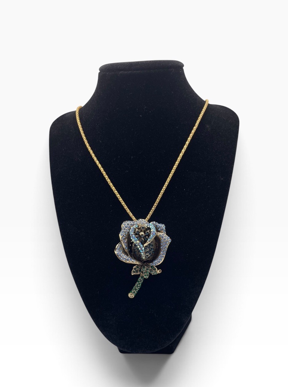 Betsey Johnson 3D Blue Rose Pendant Necklace Aurora Borealis Rhinestones