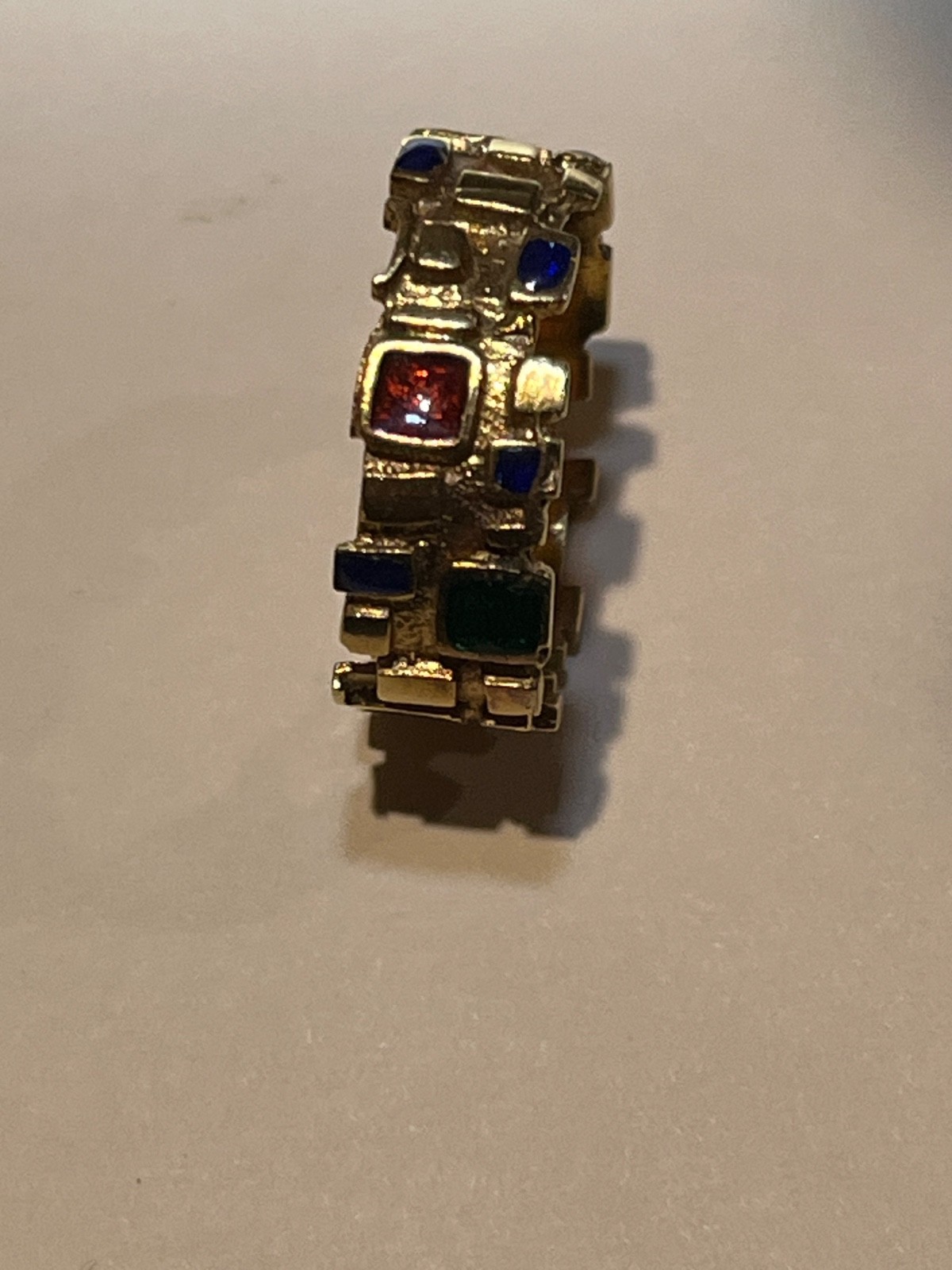 1970s modernist 14k gold geometric multi gemstone mosaic band estate piece