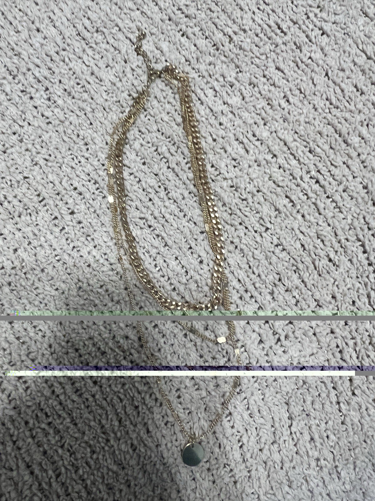 Gold Tone Layered Chain Pendant Necklace No Stones Round Charm Undated Era