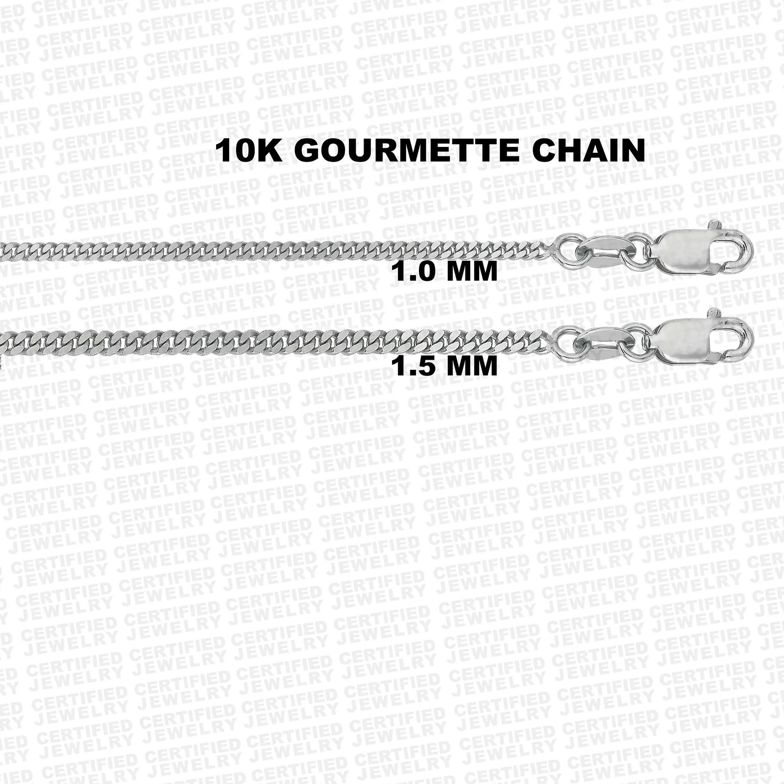 Solid 10K White Gold Gourmette Chain Necklace, 1.0mm 1.5mm Wide