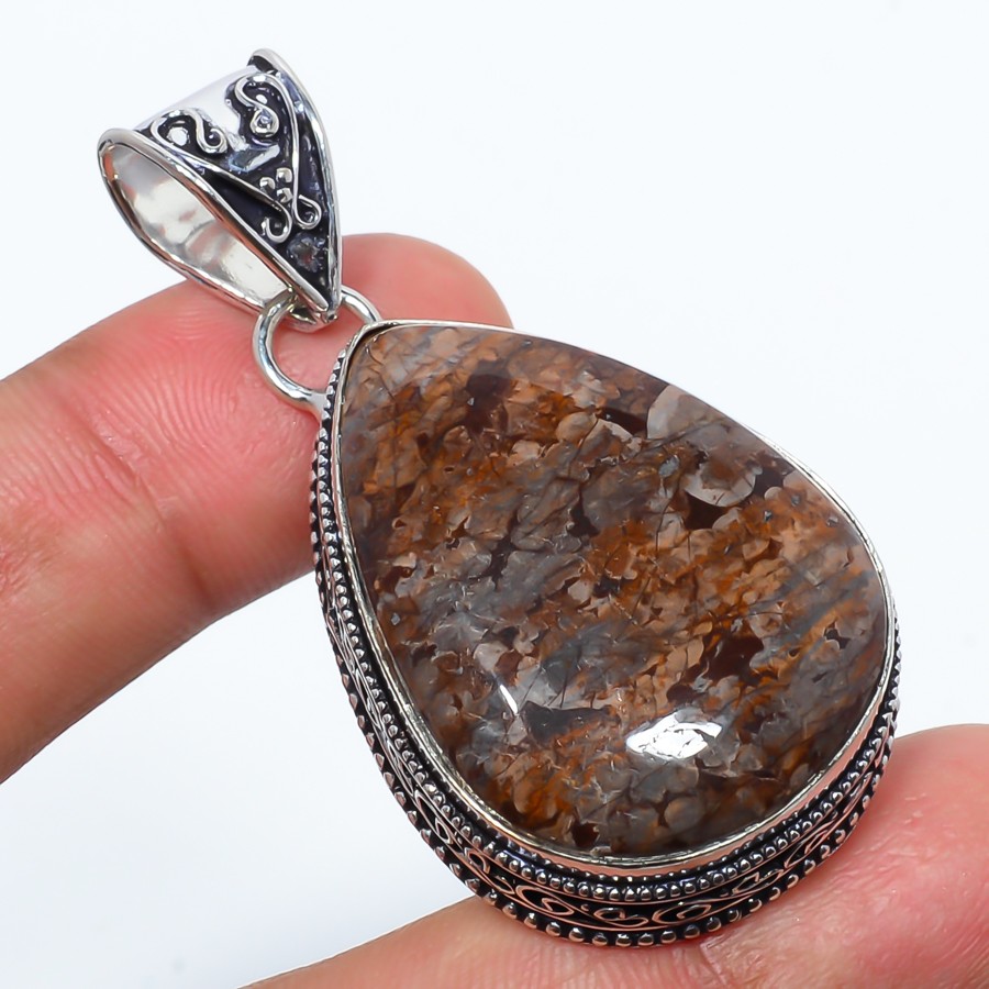 Natural Fine Art Coffee Bean Jasper 925 Silver Plated Bali Pendant 2.11″ P4491