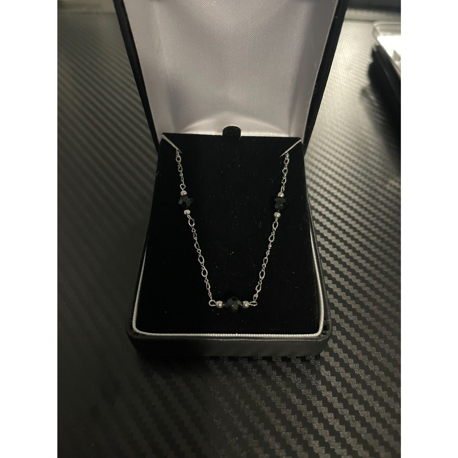 Vintage Sterling Silver Black Faceted Glass Crystal Station Necklace 4.6g MTM