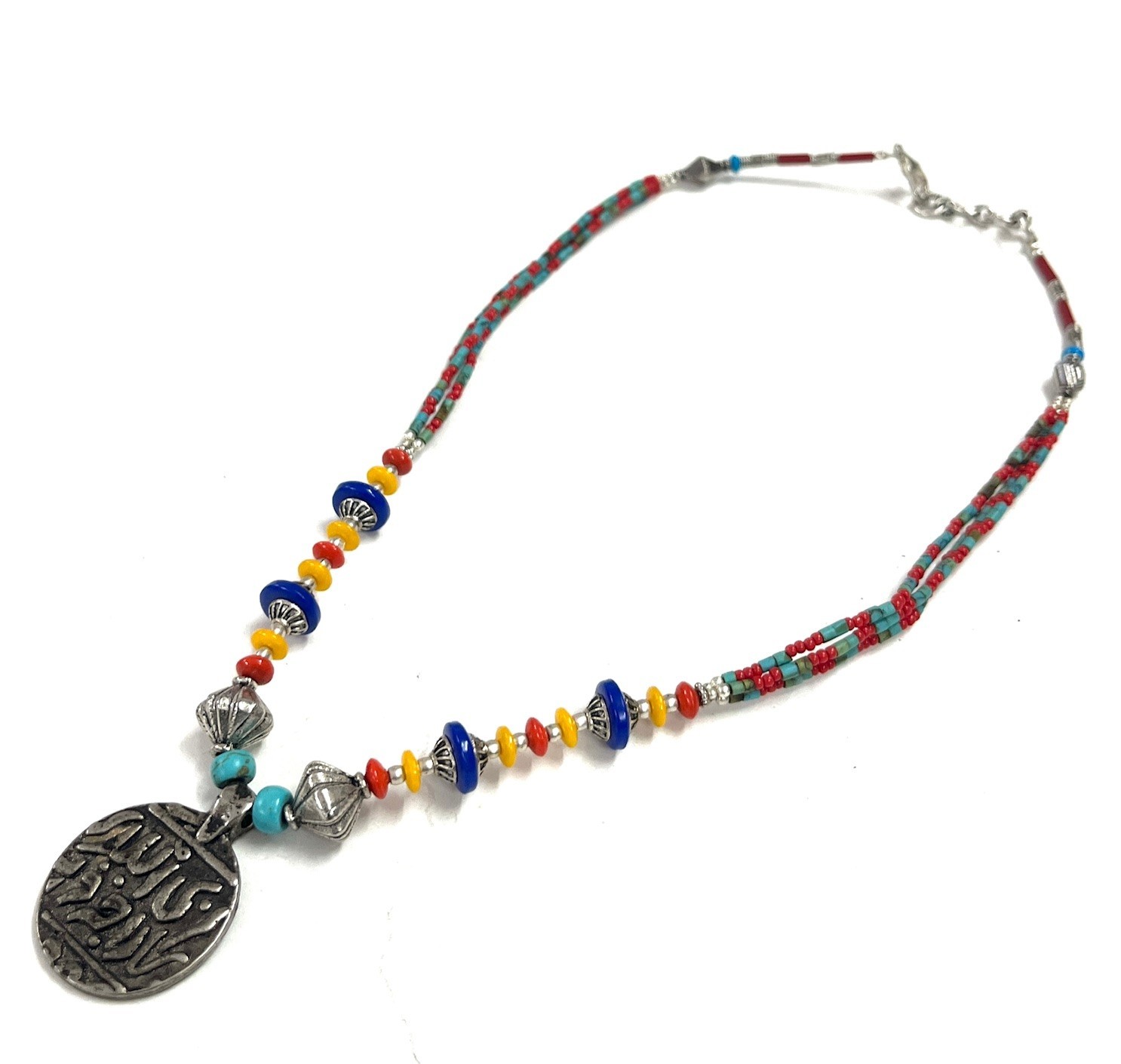 Turquoise Lapis Coral Gemstone Tibetan Antique Necklace Jewelry, 18 Inc Adjs