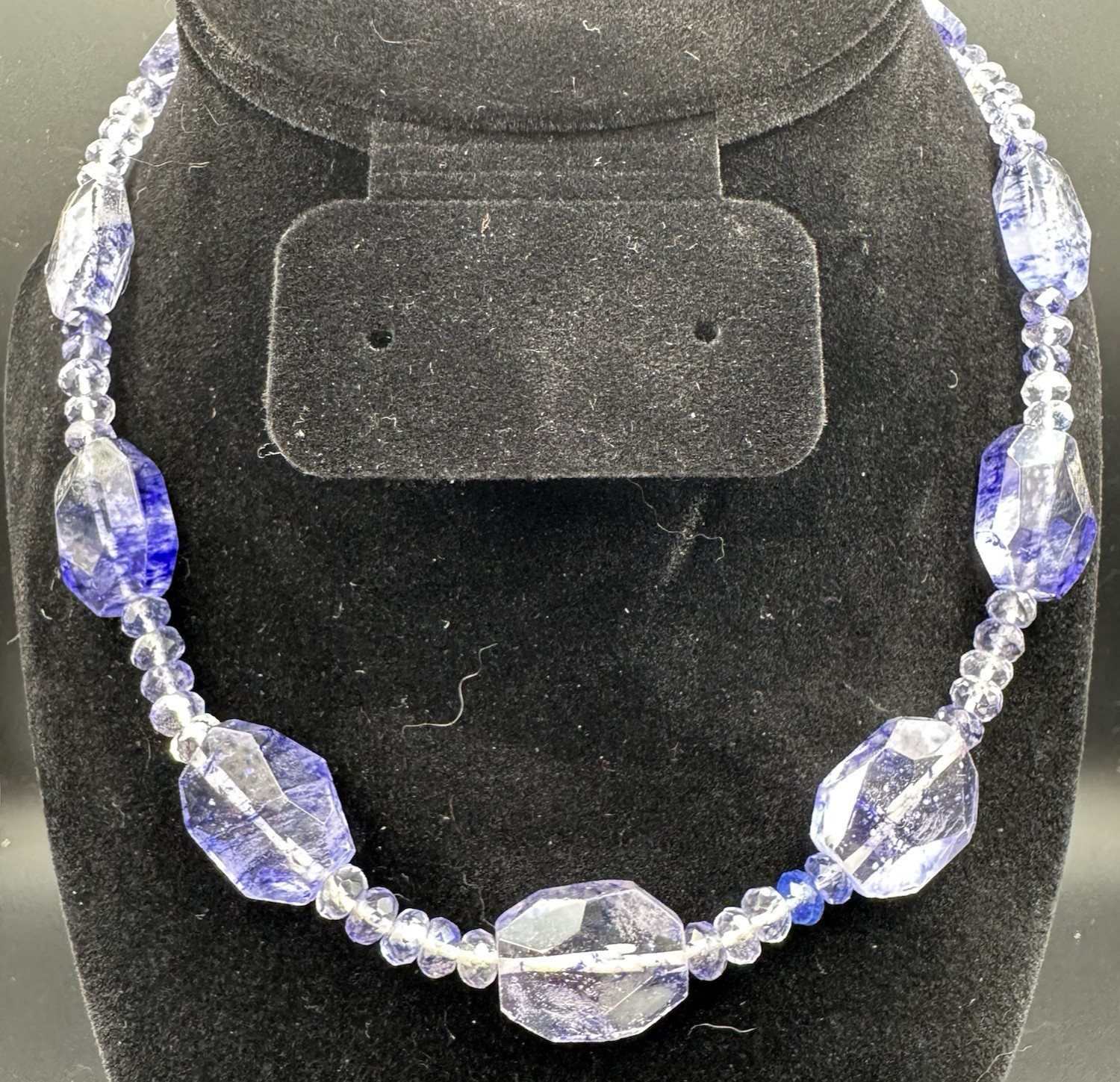 Faceted Oval Clear With Blue Purple Inclusions Glass Bead Necklace 17”