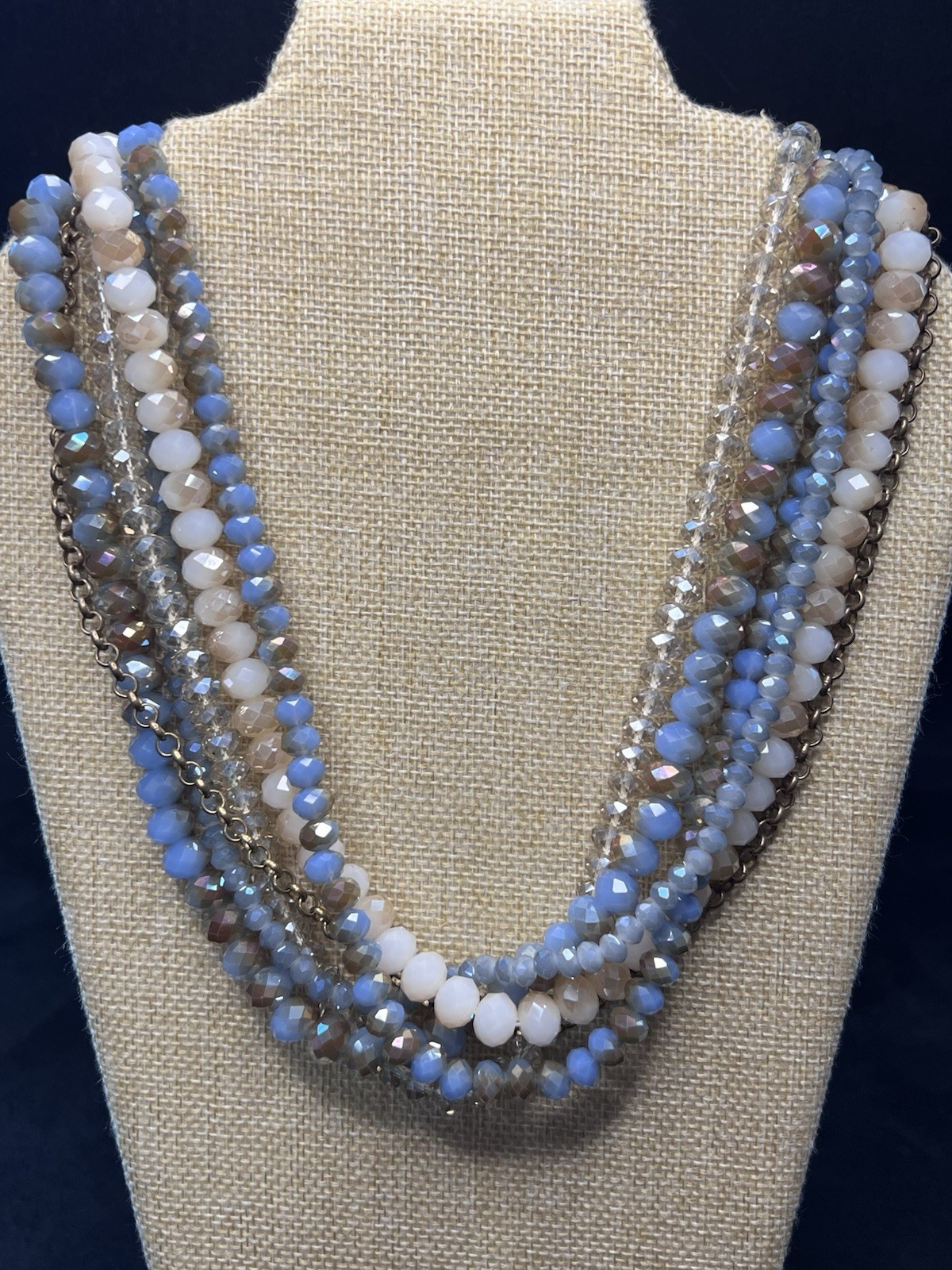 Layered Faceted Glass Crystal Bead Statement Necklace Blue White Taupe 19-22”