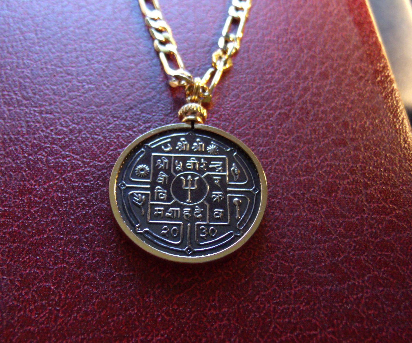 Yr73 Nepal Coin Pendant 24″ Gold Filled Chain ^ Trident of Shiva & Sword of Kali
