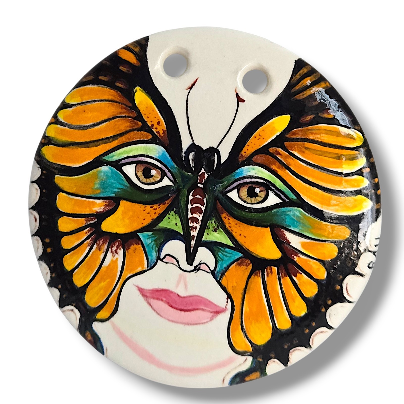 Artisan Monarch Butterfly Mask Woman Face Ceramic Art Pendant Bernice Horowitz