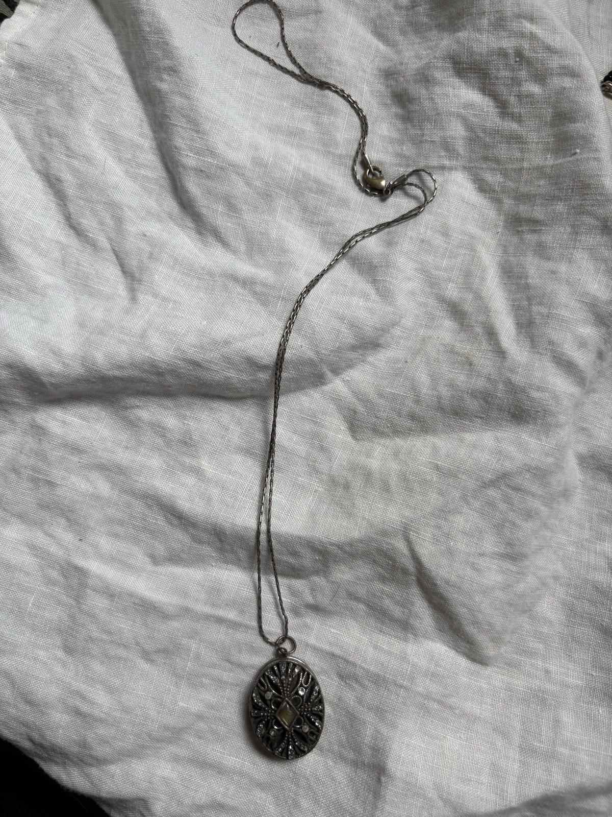Silver Oval Locket Pendant Necklace Yellow Square Stone Cable Chain
