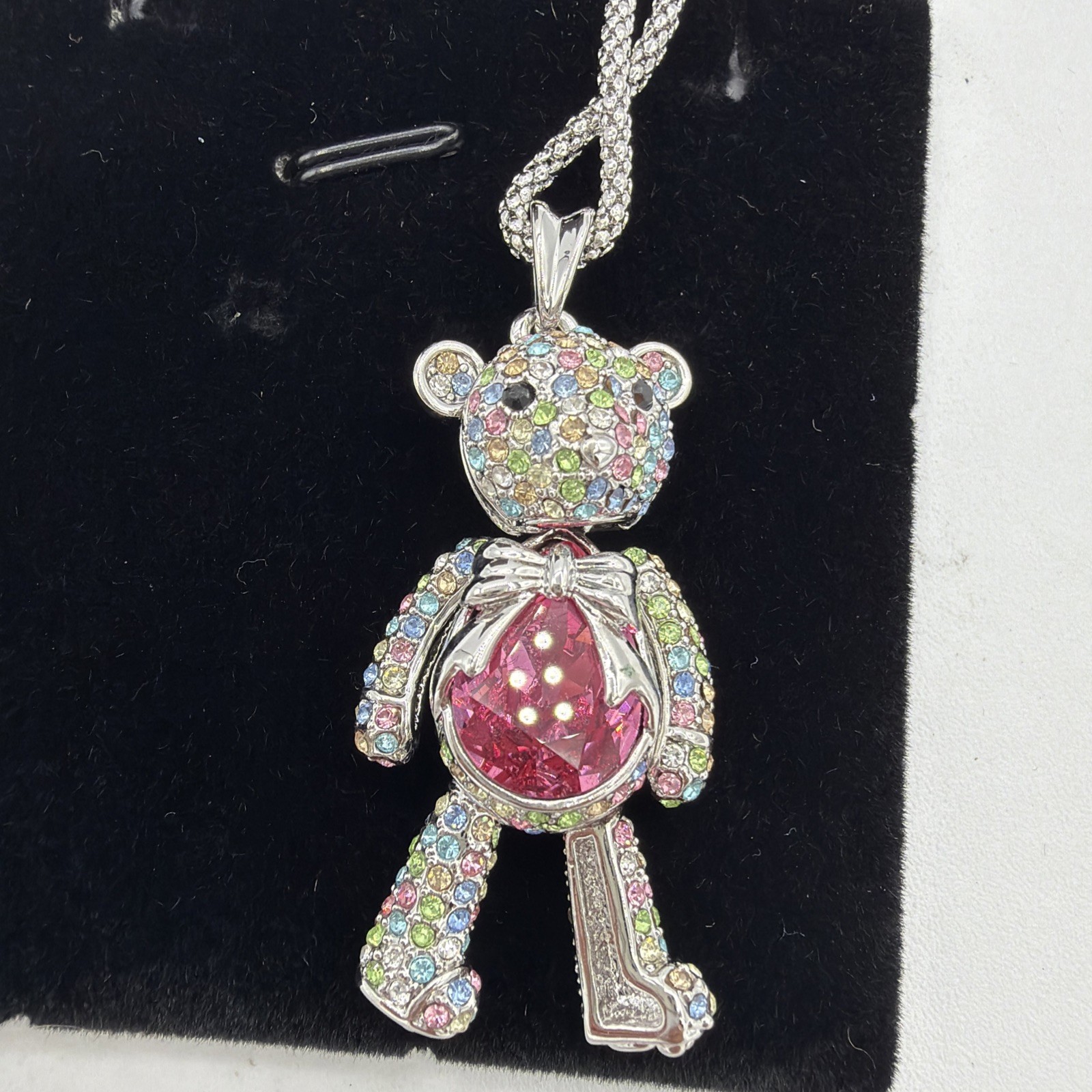 Swarovski Silver Tone Articulated Princess Teddy Bear Necklace J. NINA crystals