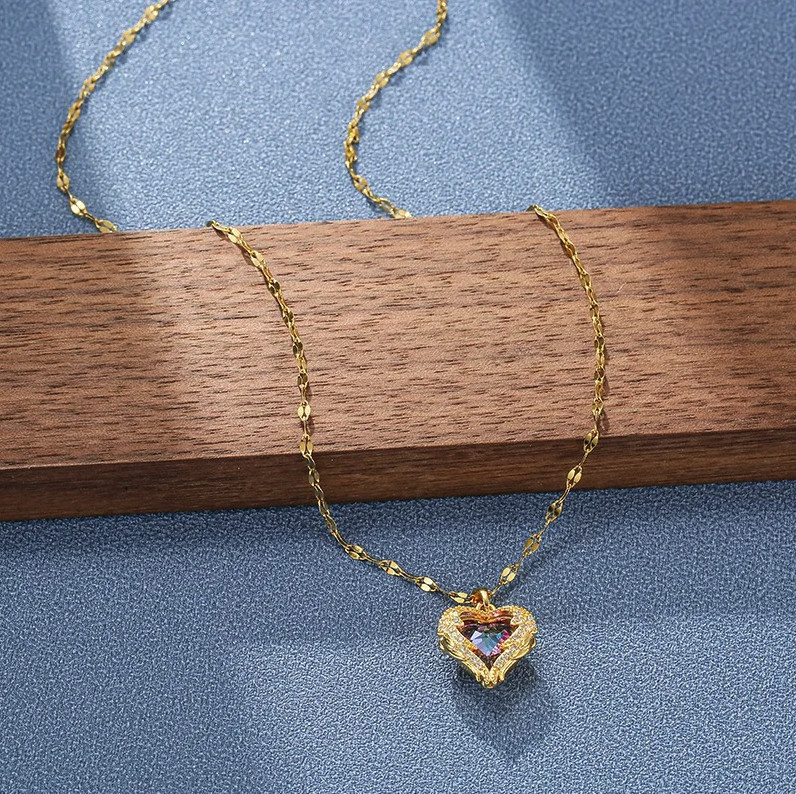 1pc Colorful Crystal Ocean Heart Necklace Women Stainless Steel Chain – NEW