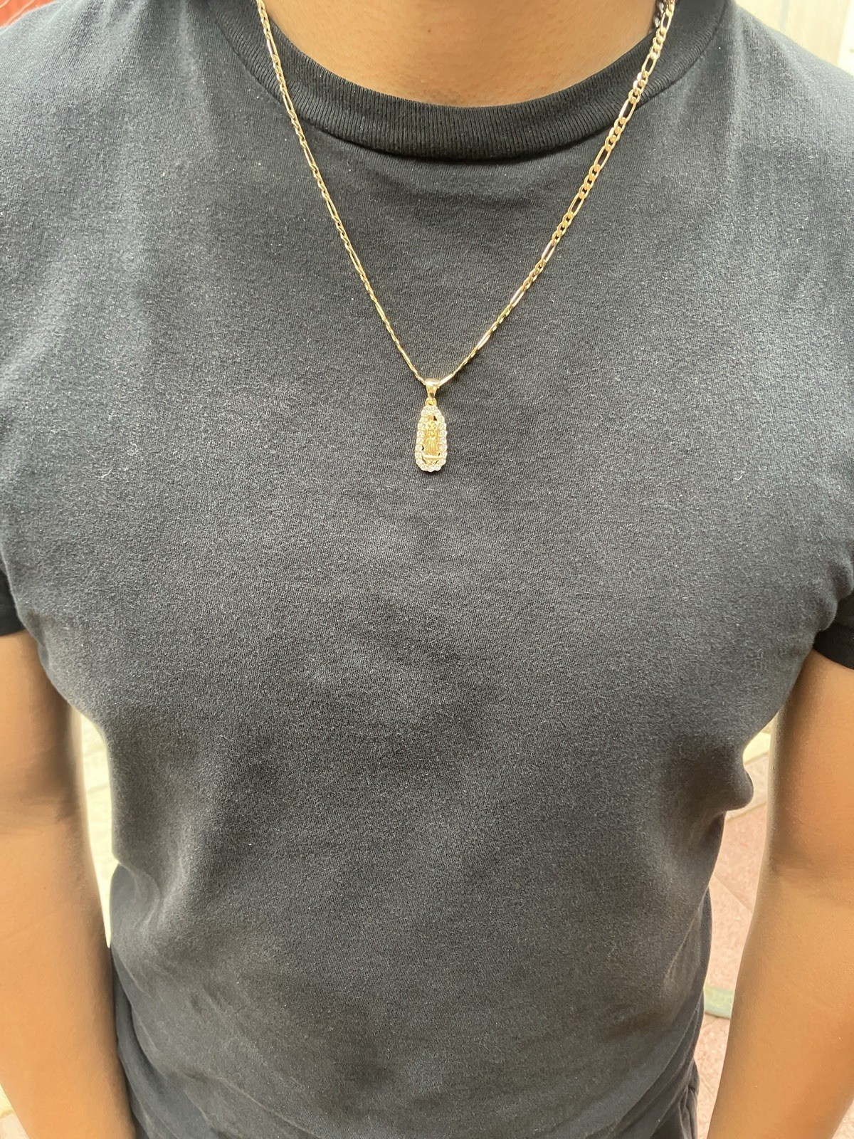 Gold Tone Chain Necklace Virgin Mary Virgen de Guadalupe Clear Stone Pendant