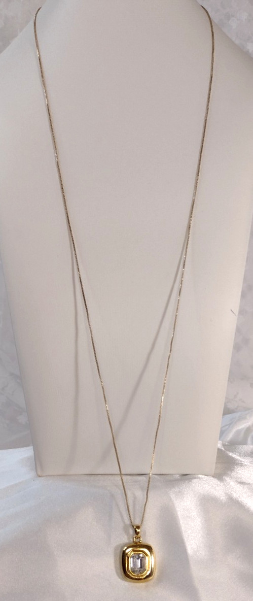 Emerald Cut Clear Crystal Goldtone Bezel Set Pendant Necklace – 32″ – Brilliant