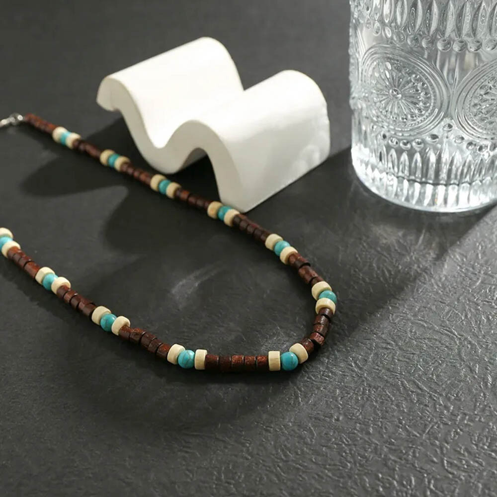 Bohemian Surfer Necklace For Men – Wood & Turquoise Beads, Adjustable 18″+2.7″