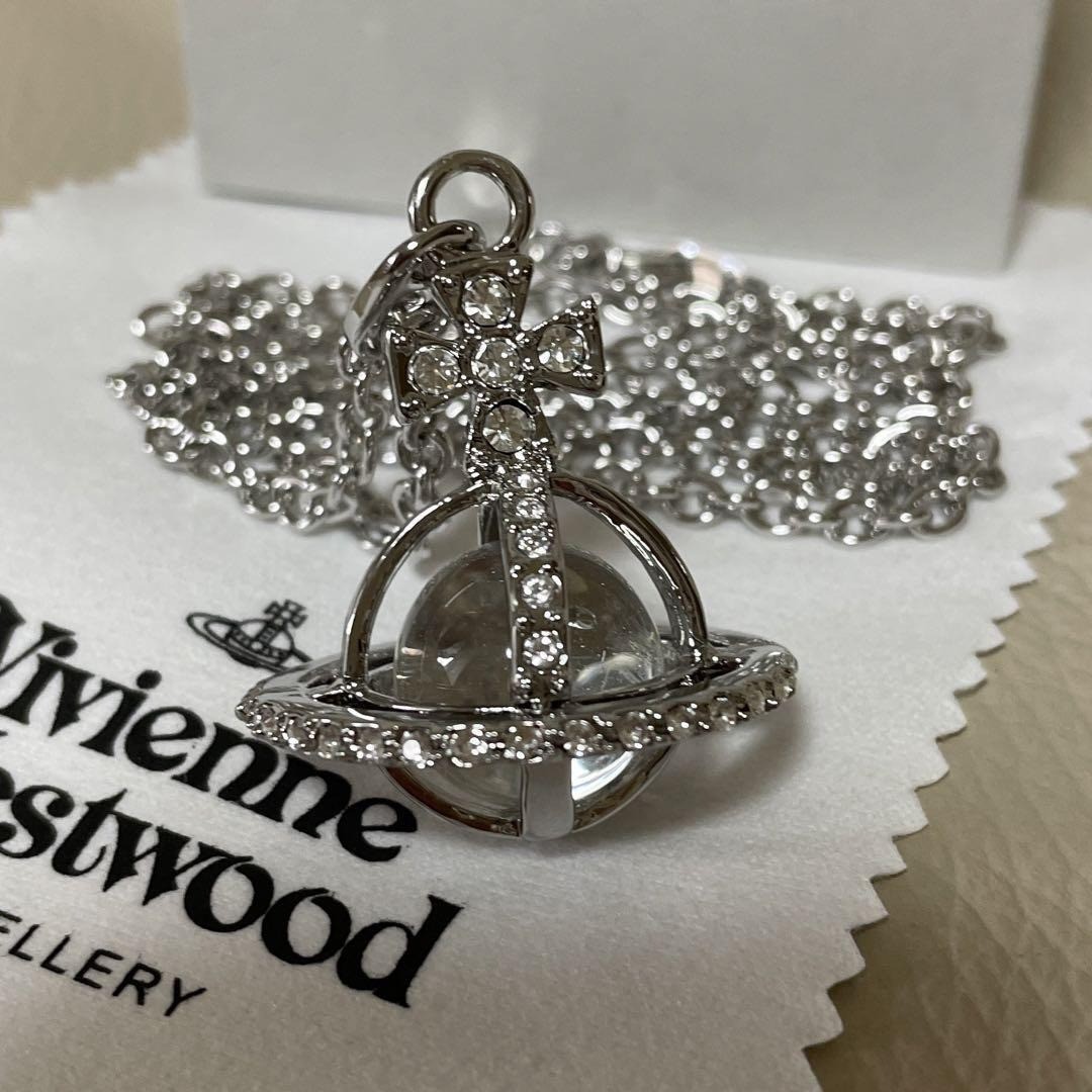 Vivienne Westwood Necklace Orb globe silver clear IN BOX C.64cm T.3.5 x 3.5cm