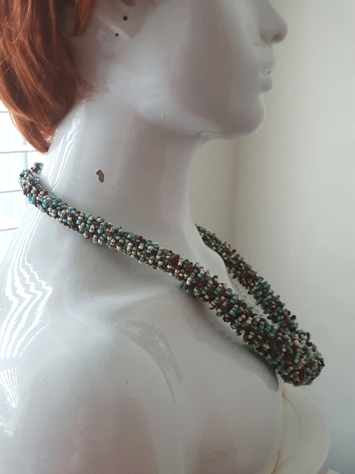 Blue White Brown Twisted Seed Bead None Metal Tribal Ethnic Adjustable Necklace