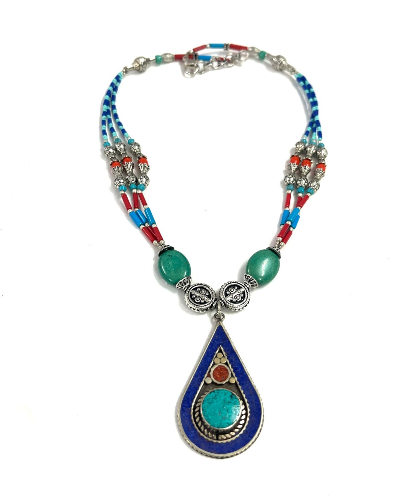 Antique Lapis Turquoise Gemstone Tibetan Style Necklace Jewelry, 18 Inc Adjs